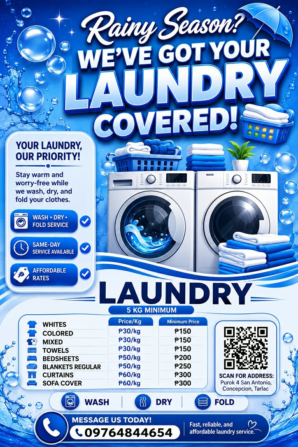 Rainy season laundry promo — wash, dry, fold with price list